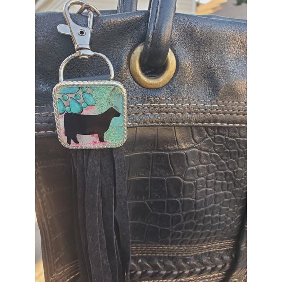 Handmade cow lover boho Leather Fringe Western bag charm, Long fringe keychain - Picture 2 of 3